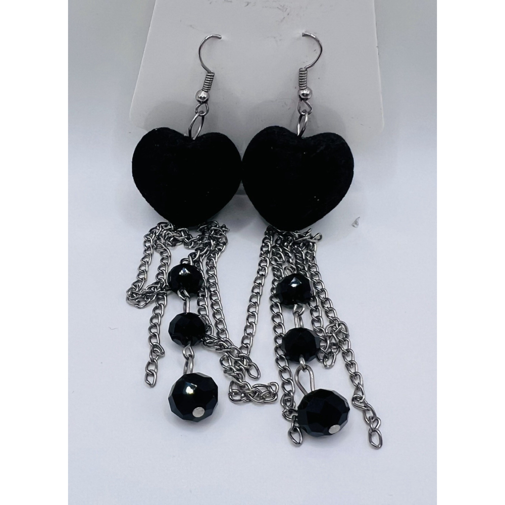 Heart Pom Beaded Dangle Earrings Tassel Fringe Black Silver Tone Boho Valentine